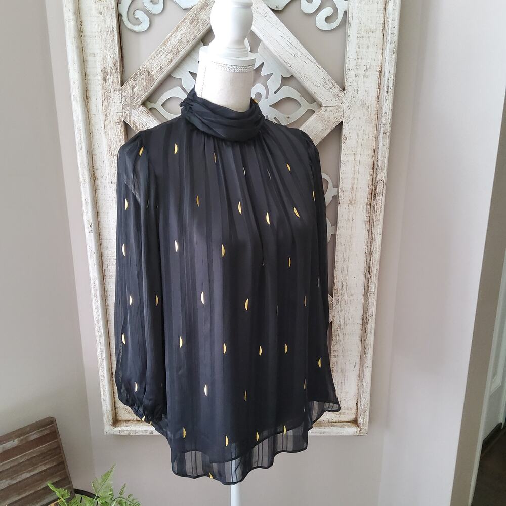 Zac & Rachel 3/4 Sleeve Mock High Neck Chiffon Blouse Gold Foil Shadow Stripe
